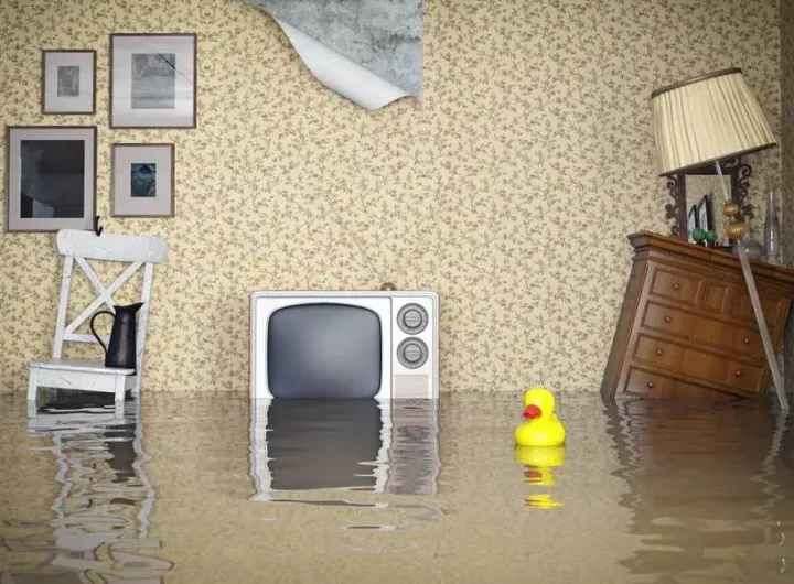 flooded lounge room with old-style TV, furniture & floating rubber duck in foreground